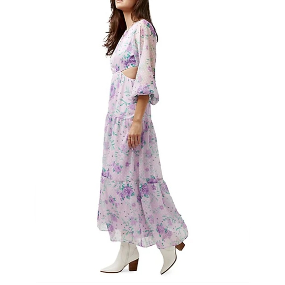 BUFFALO* Marceline purple floral side cut out, tiered, sheer/lined boho dress  L - Picture 3 of 15